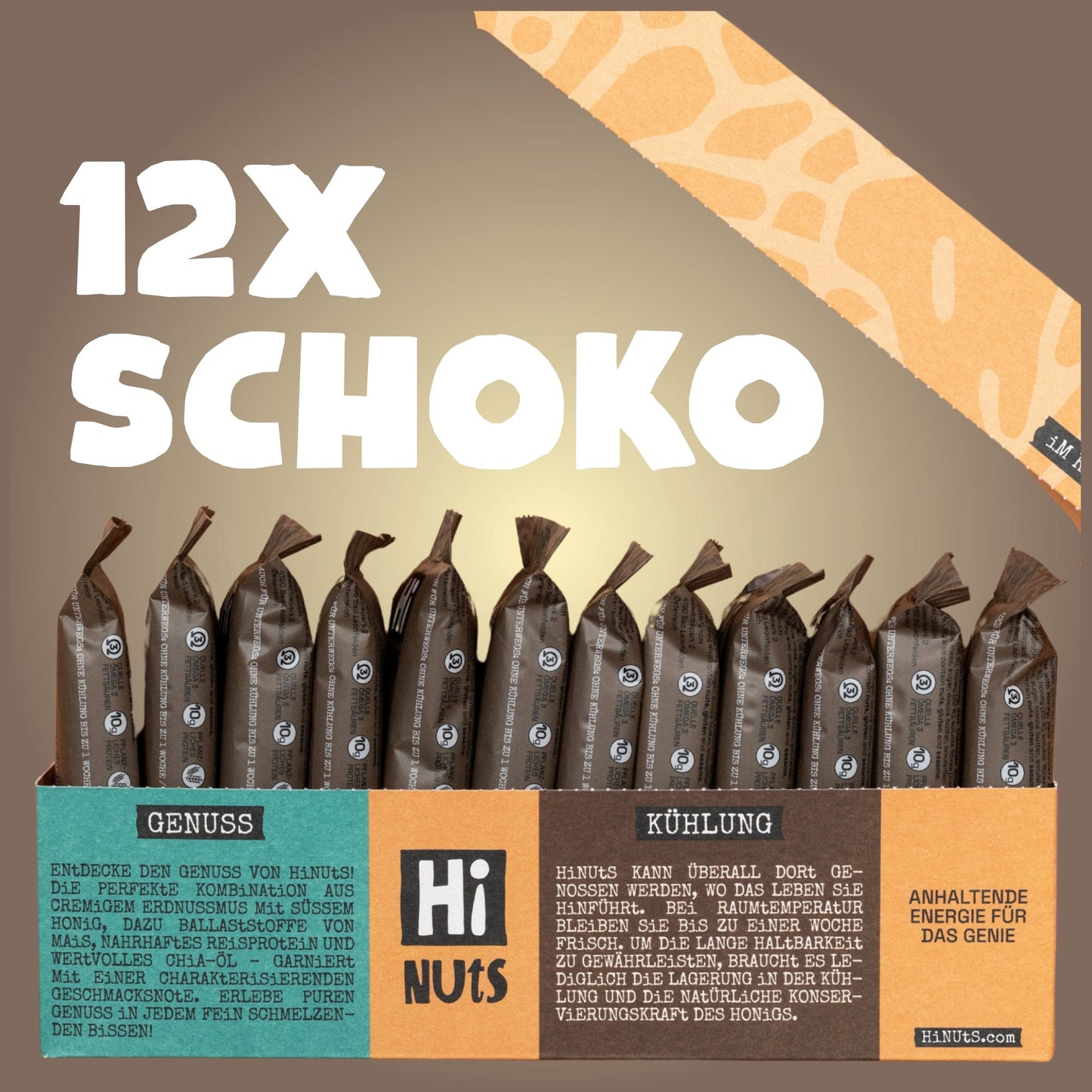 HiNUtS Lieblingsbox Schoko (12 Stück), dunkler Energieriegel mit Schokotropfen, Erdnussmus und Honig