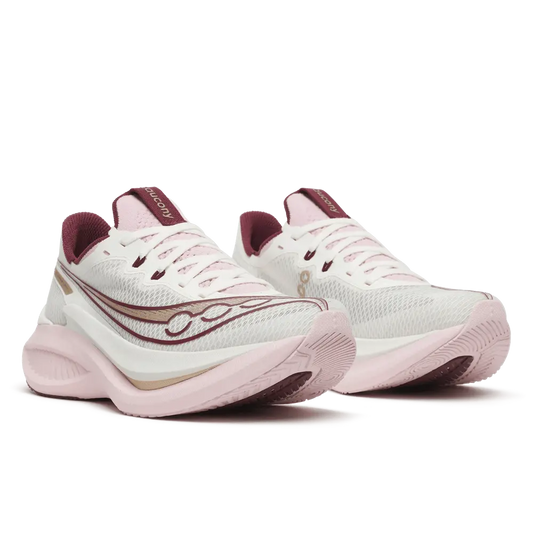 Saucony Damenlaufschuhe Endorphin Pro 5, ivory/silk – Rückansicht – weiß/rosa/bordeaux / 38,5