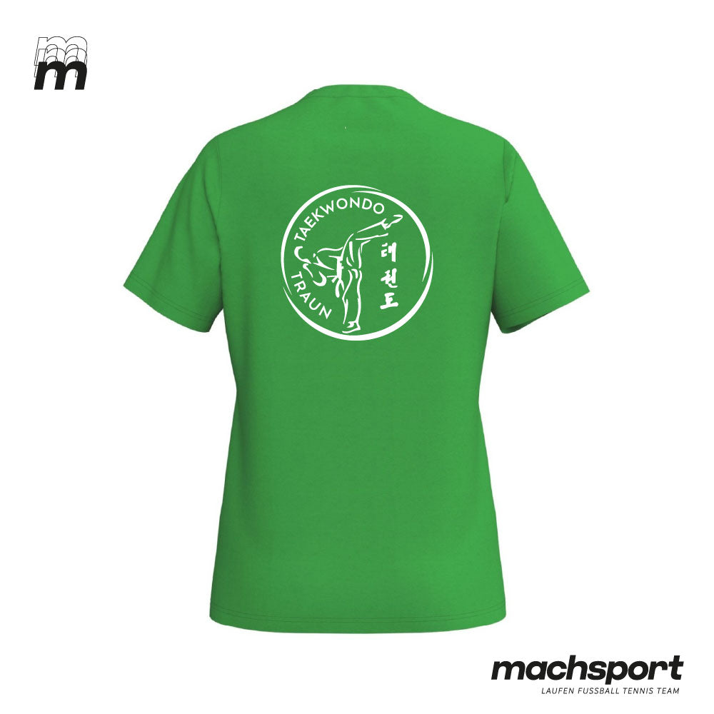Damen-Teamsport-T-Shirt von Erima mit Taekwondo-Logo, hinten sichtbar, bequemes Sportshirt für Taekwondo-Training.