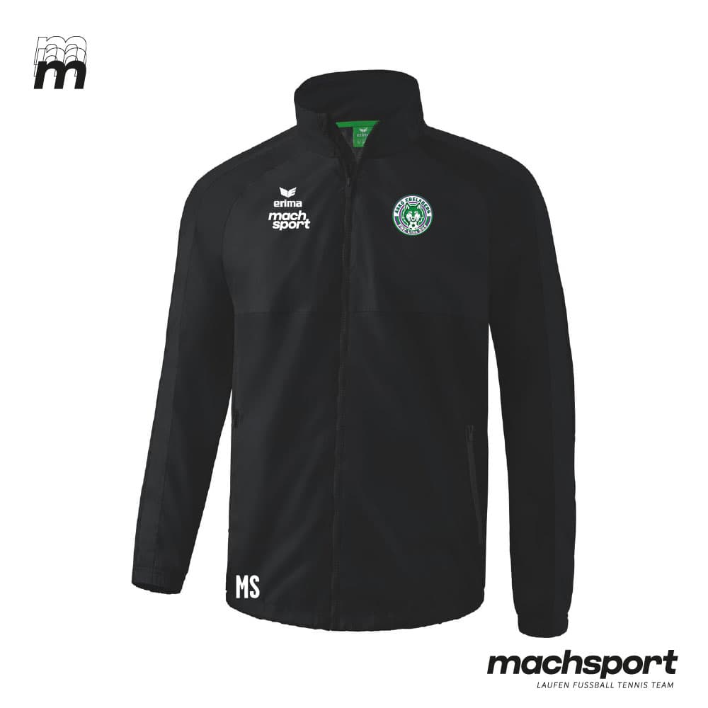 Erima Teamsport Regenjacke FNZ Linz Süd in dunklem Farbton, wasserabweisend mit Kapuze und Reißverschluss.