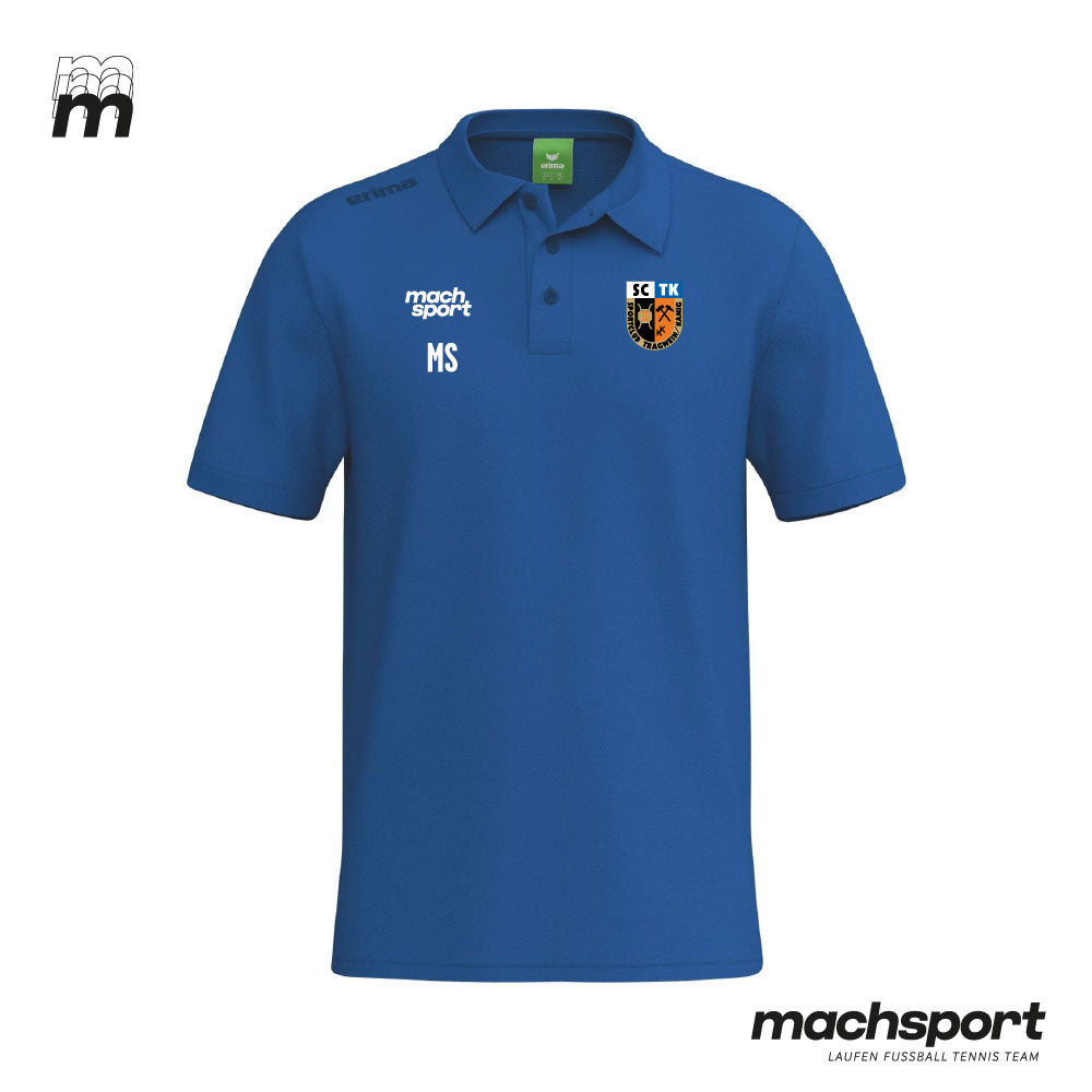 Blaue Erima Teamsport Freizeitpolo für den SV Tragwein/Kamig, sportliches Trikot mit Logo und Frontdetails, Nahaufnahme