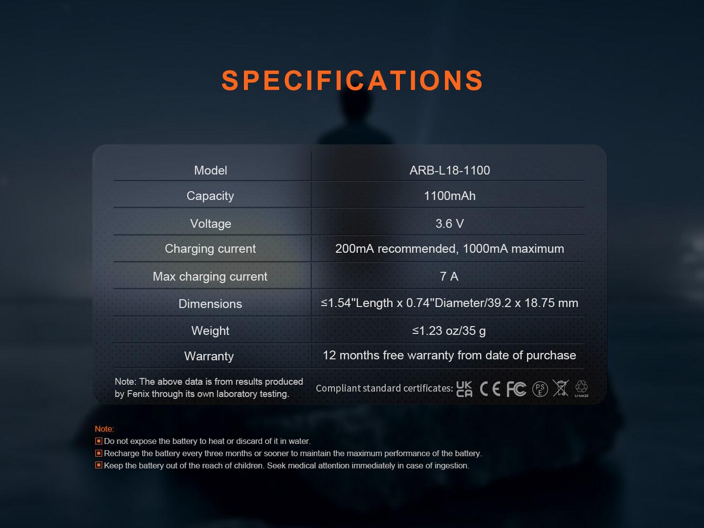 Fenix ARB-L18-1100 - Wiederaufladbarer 18350 Li-Ion-Akku (1100 mAh)