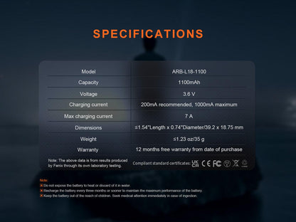 Fenix ARB-L18-1100 - Wiederaufladbarer 18350 Li-Ion-Akku (1100 mAh)