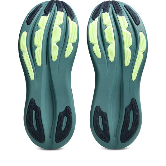 Asics Herrenlaufschuhe GEL-Nimbus 28 Illuminate Yellow/Foggy Teal, neutraler Komfort-Laufschuh mit maximaler Dämpfung – Rückansicht – hellgrün / 42