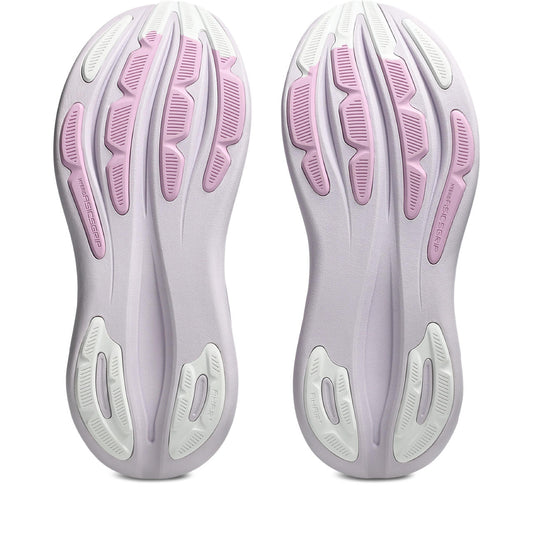 Asics Damenlaufschuhe Gel-Nimbus 28 Dahlia/White, neutraler Komfort-Laufschuh mit maximaler Dämpfung – Rückansicht – violett / 37,5