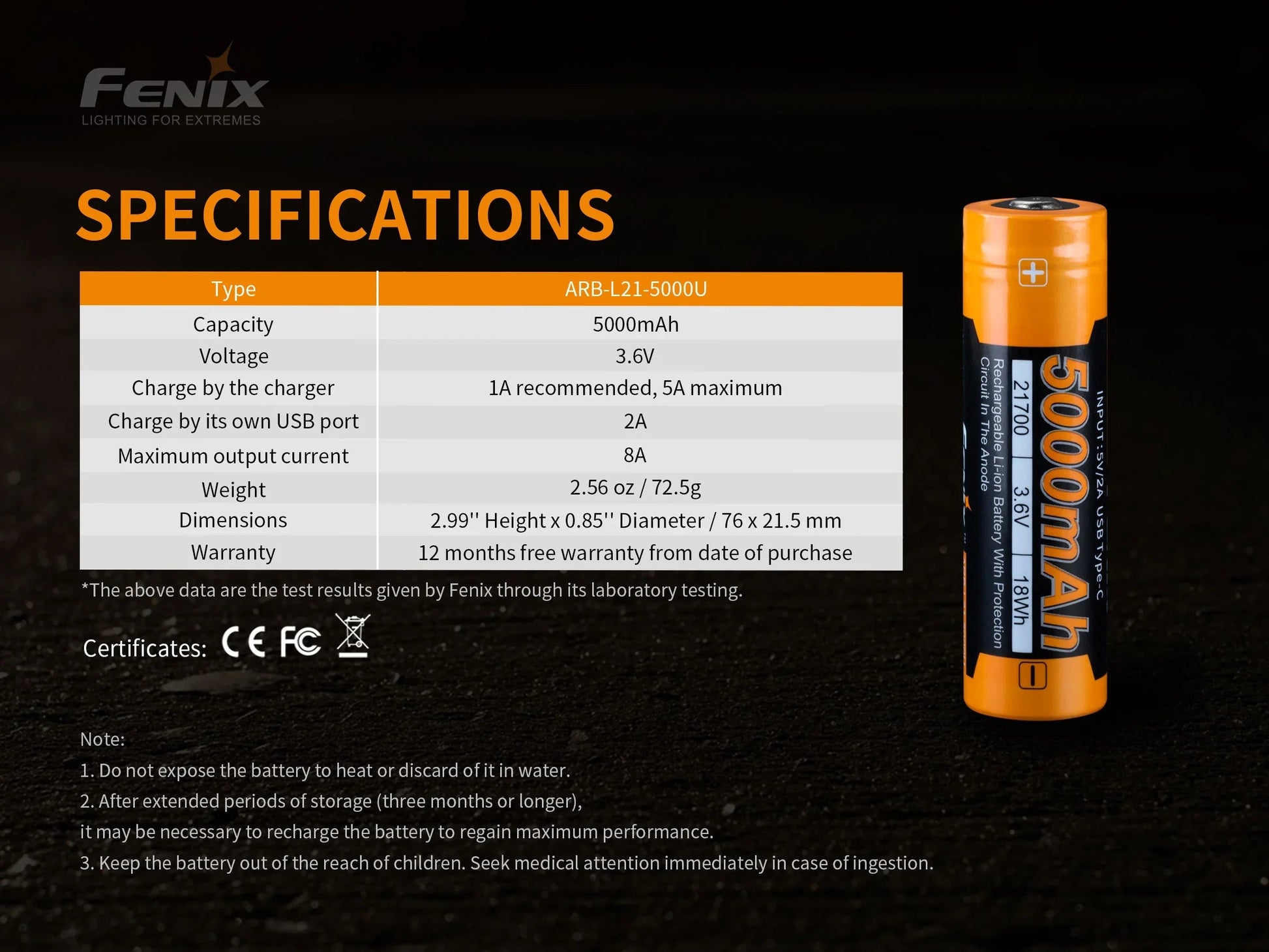 Fenix ARB-L21-5000U – 21700 Li-Ion Akku mit 5000 mAh, inkl. USB C Ladeanschluss – Bild 