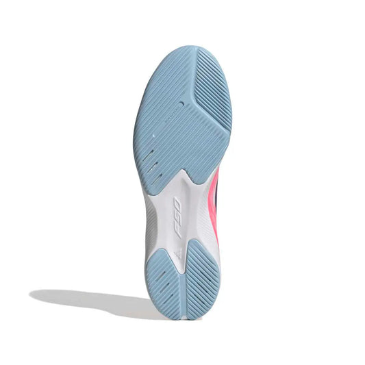 Adidas Hallenfußballschuhe F50 Hyperfast League, Cloud White / Solar Purple / Solar Turbo – Rückansicht – weiß / 43 1/3