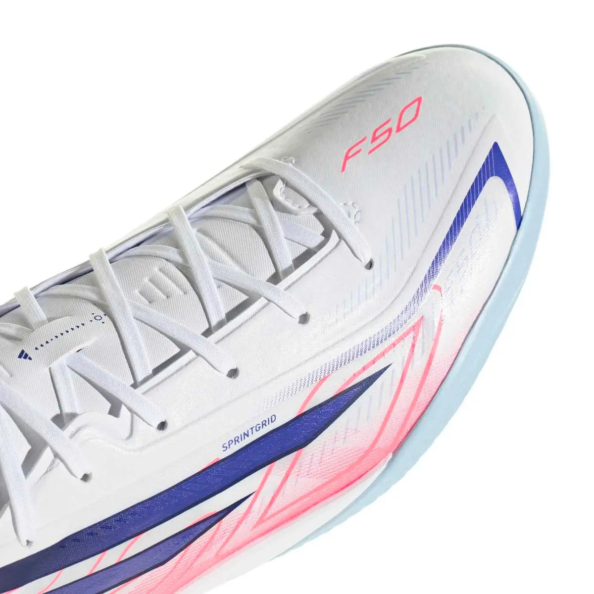 Adidas Hallenfußballschuhe F50 Hyperfast League, Cloud White / Solar Purple / Solar Turbo – Bild 