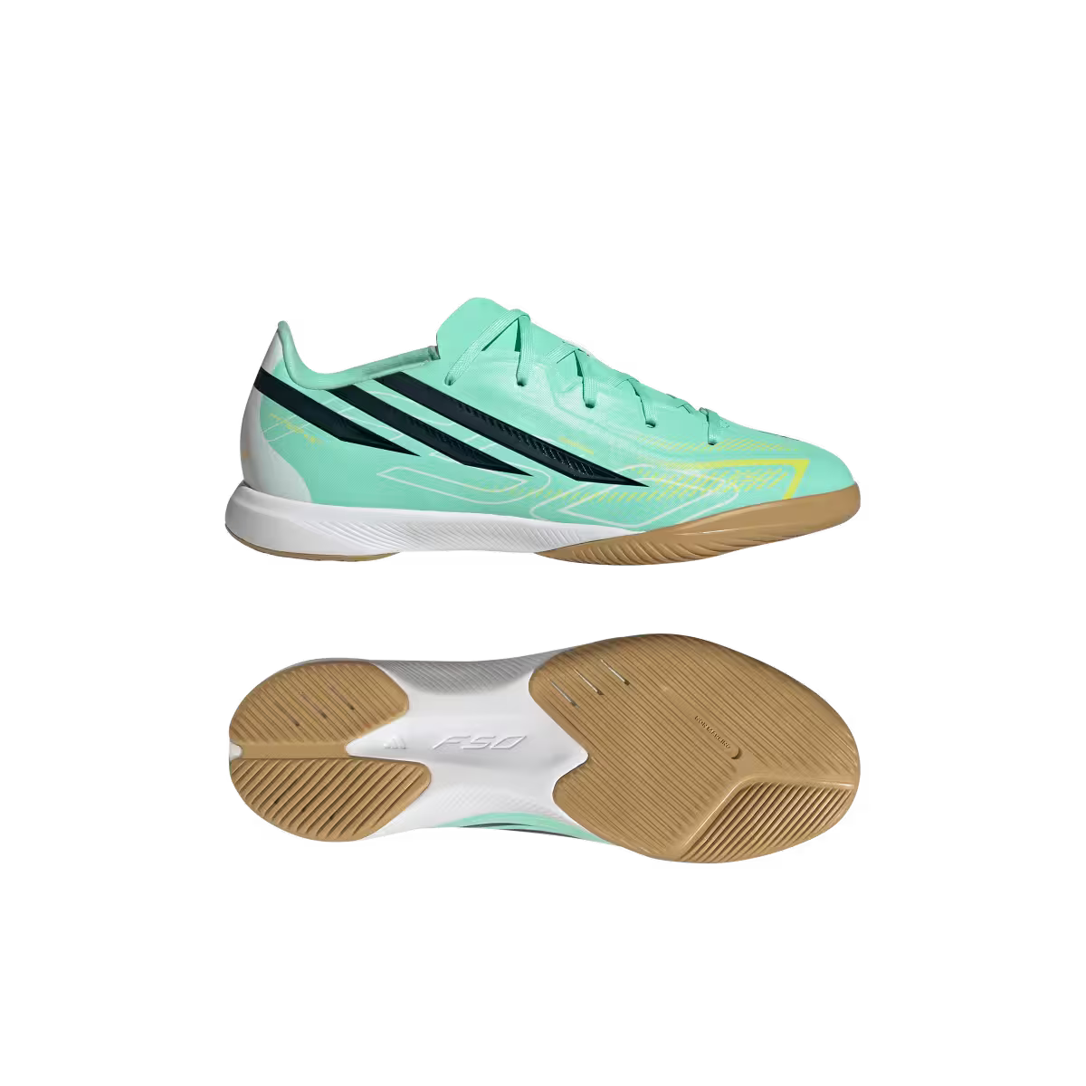 Adidas Kinderhallenfußballschuhe F50 Hyperfast League, Pulse Mint / Night Navy / Solar Lemon – Bild 