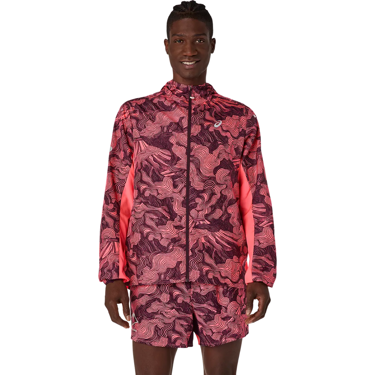 Asics Herrenlaufjacke Fujitrail Packable Jacket, Blazing Coral/Dark Aubergine