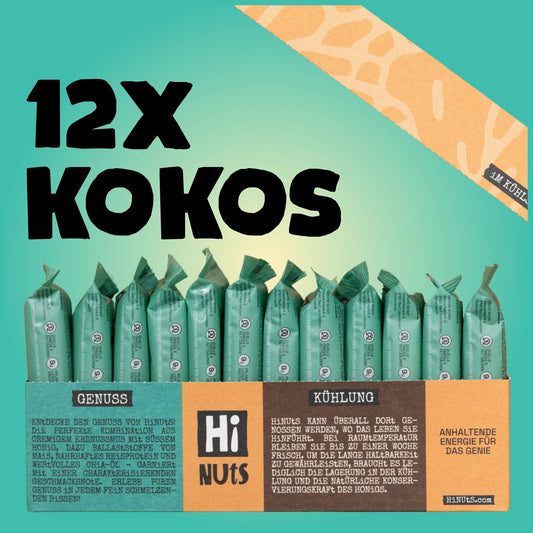 HiNUtS Lieblingsbox Kokos (12 Stück), cremiger Energieriegel mit Kokos, Erdnussmus und Honig – Rückansicht – Default Title