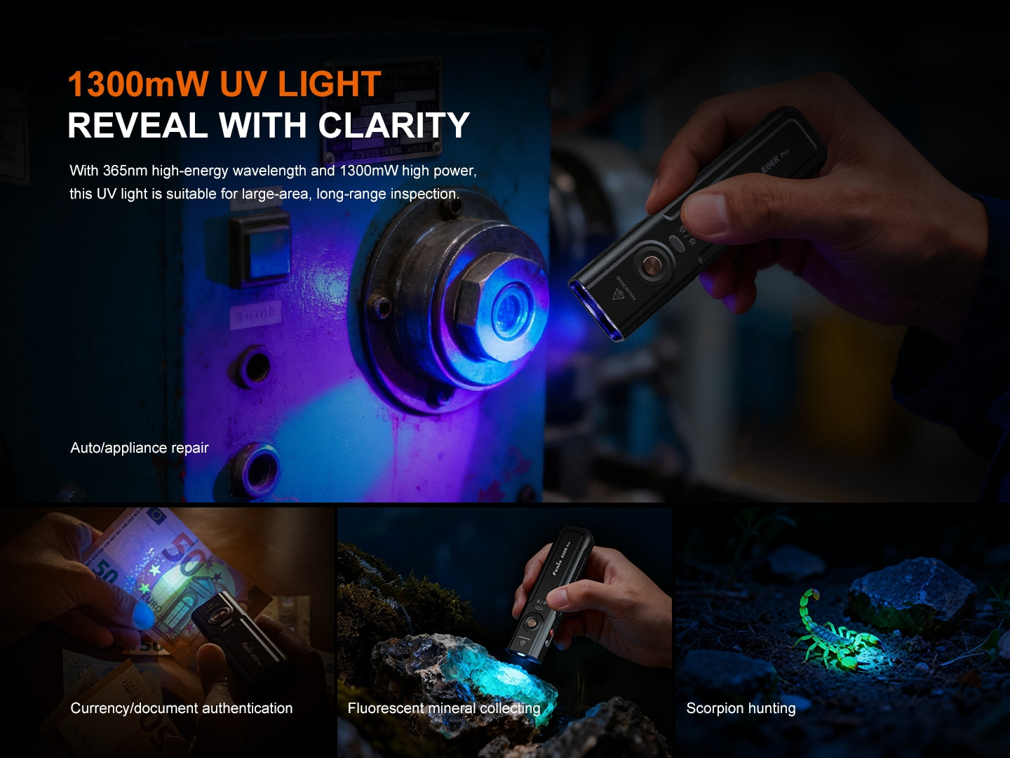 Fenix E06R Pro drei Lichtquellen, UV-Licht und Laserpointer, 1600 Lumen