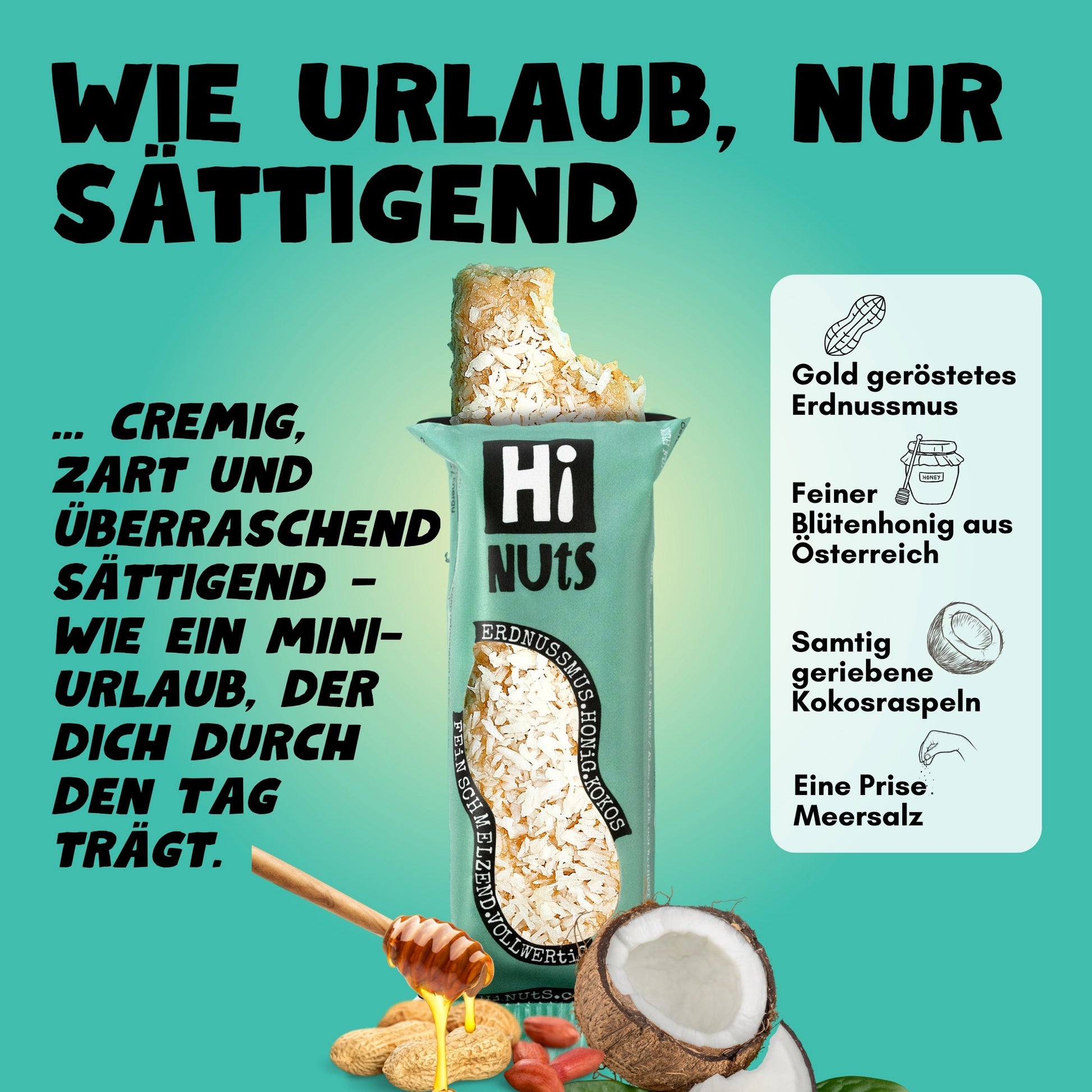 HiNUtS Lieblingsbox Kokos (12 Stück), cremiger Energieriegel mit Kokos, Erdnussmus und Honig – Bild 