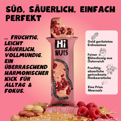 HiNUtS Lieblingspaket Himbeere (12 Stück), fruchtiger Energieriegel mit Himbeere, Erdnussmus und Honig