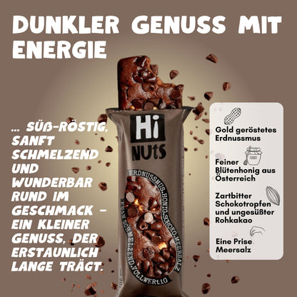 HiNUtS Lieblingsbox Schoko (12 Stück), dunkler Energieriegel mit Schokotropfen, Erdnussmus und Honig