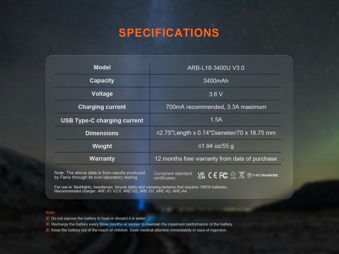 Fenix ARB-L18-3400U V3.0 - USB-Akku 18650 (3400 mAh, Version 3.0)