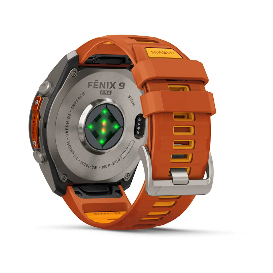 Garmin Fēnix® 9 Pro – inReach®, 51mm Titan mit Silikon-Armband Autumn Orange/Spark Orange
