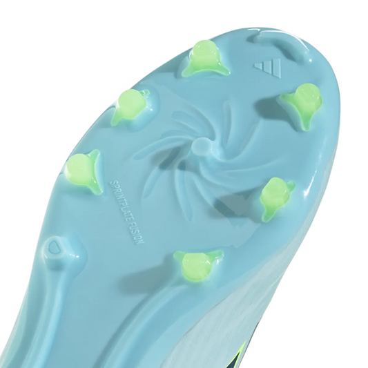 Adidas Kinderfußballschuhe F50 Sparkfusion League FG, halbhohe Fußballschuhe für feste Böden und Kunstrasen mit Sprintplate Fusion – Rückansicht – hellblau / 38 2/3
