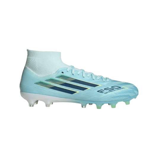 Adidas Fußballschuhe F50 Sparkfusion Pro, Mid Cut Fußballschuhe für feste Böden und Kunstrasen mit Primeknit Schaft – hellblau / 45 1/3