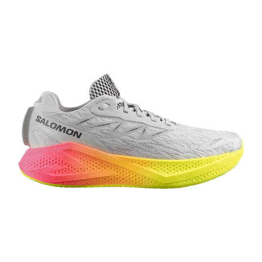Salomon Herrenlaufschuhe Aero Glide 4 Gradient, Gray Violet / Safety Yellow / Black – hellgrau/orange / 42 2/3
