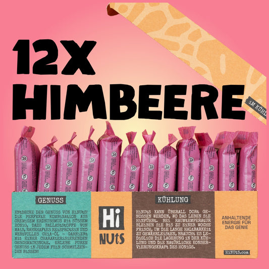HiNUtS Lieblingspaket Himbeere (12 Stück), fruchtiger Energieriegel mit Himbeere, Erdnussmus und Honig – Rückansicht – Default Title