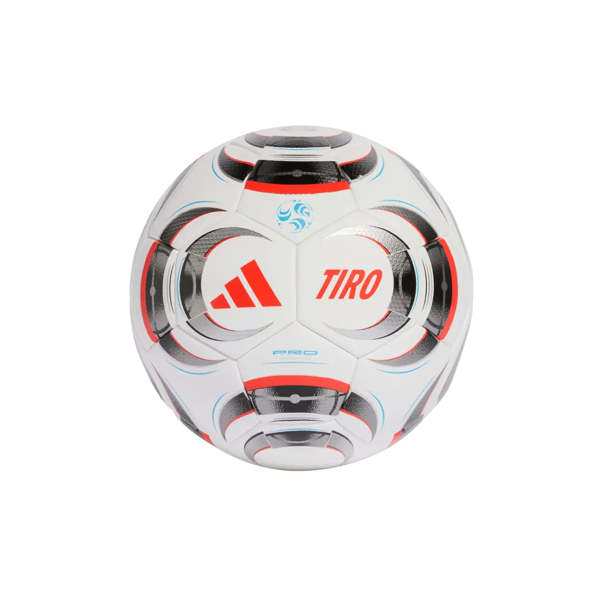Adidas Fußball Tiro Pro, moderner Fußball mit weißem Design, Nahaufnahme der Vorderseite auf transparentem Hintergrund – Bild 