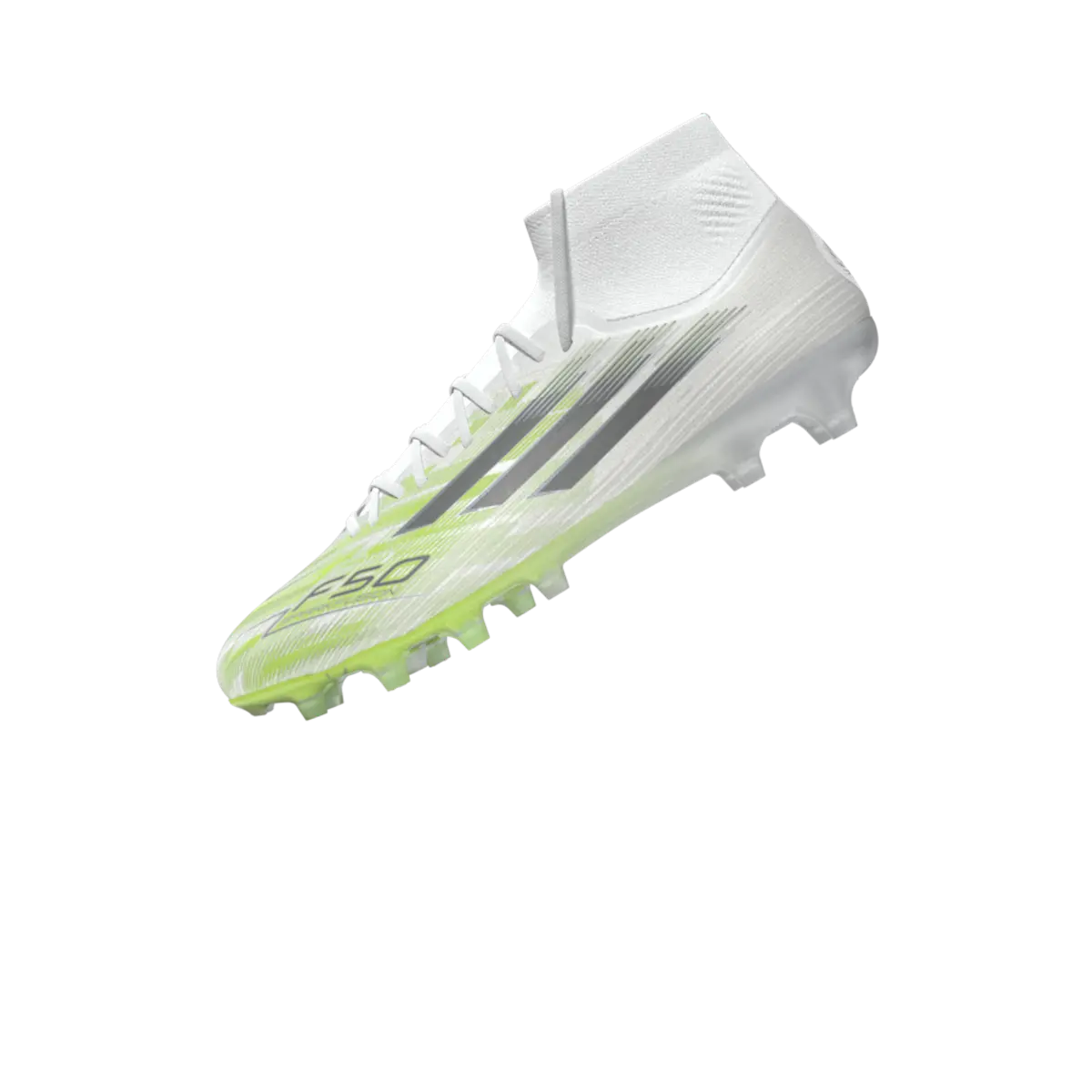 Adidas Fußballschuhe F50 Sparkfusion Pro FG/AG auf Rasen und Kunstrasen, seitliche Ansicht, transparentes Design.