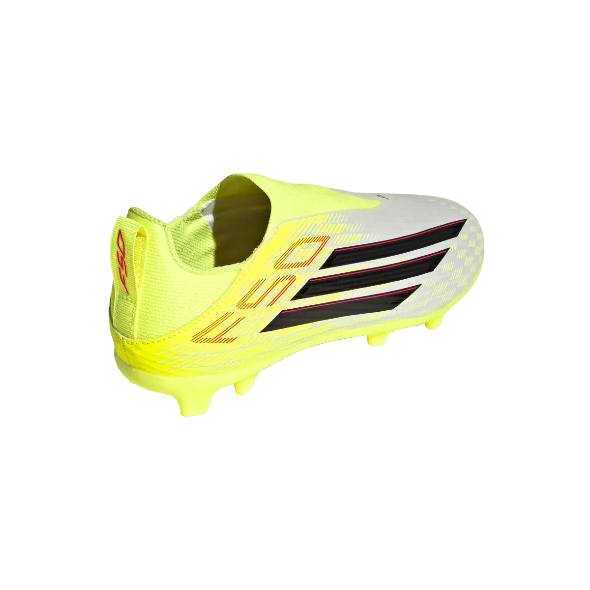 Adidas Kinderfußballschuhe F50 League LL FG/MG auf Rasen- und Kunstrasen, seitliche Top-Ansicht, transparente Hintergrund.