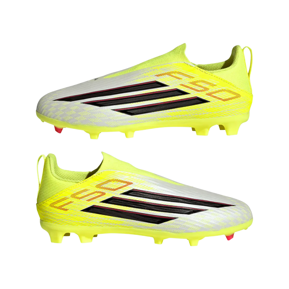 Adidas Kinderfußballschuhe F50 League LL FG/MG auf Rasen- und Kunstrasen, seitliche Ansicht, transparentes Bild – Bild 