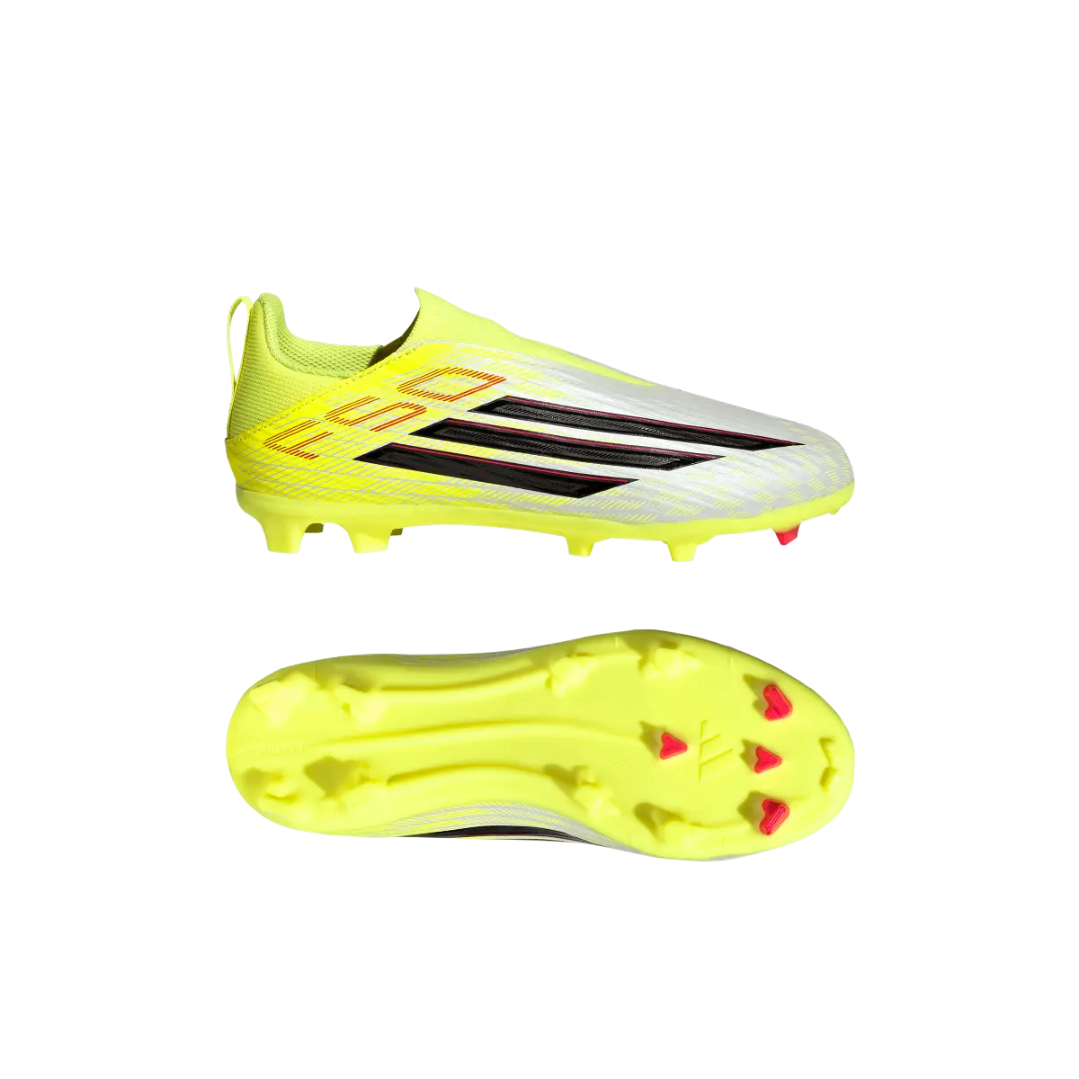 Adidas Kinderfußballschuhe F50 League LL FG/MG, Rasen- und Kunstrasenschuhe, seitliche Ansicht mit Sohle und Obermaterial