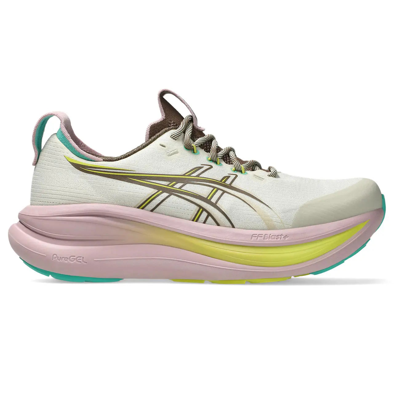 Asics Damenlaufschuhe Gel-Nimbus 28 TR, neutrale Laufschuhe, seitliche Ansicht, weiße und blaue Farbgestaltung – Bild 