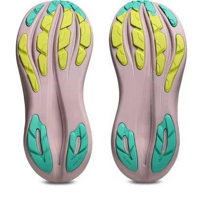 Asics Damenlaufschuhe Gel-Nimbus 28 TR, neutrale Laufschuhe für Damen, seitliche Ansicht, Mesh-Obermaterial in Blau und Grau