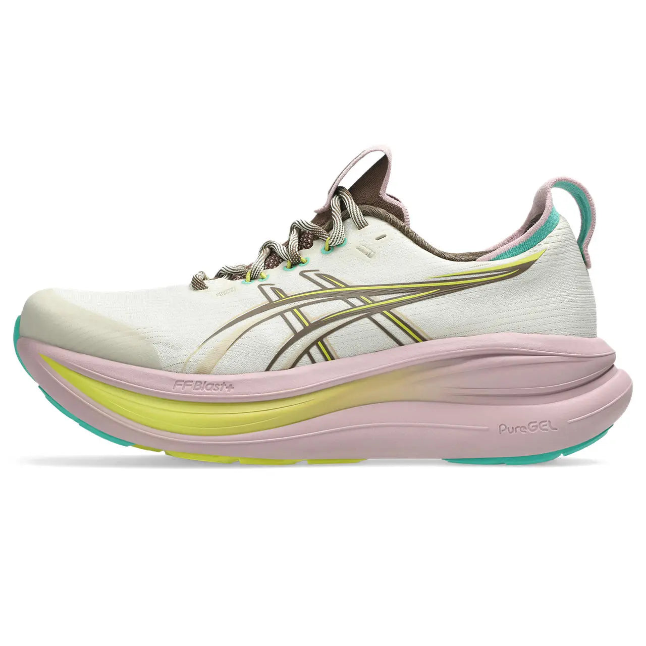 Asics Damenlaufchuhe Gel-Nimbus 28 TR, neutrale Damen-Neutrallaufschuhe in Blau mit gelber Sohle, seitliche Ansicht – Bild 