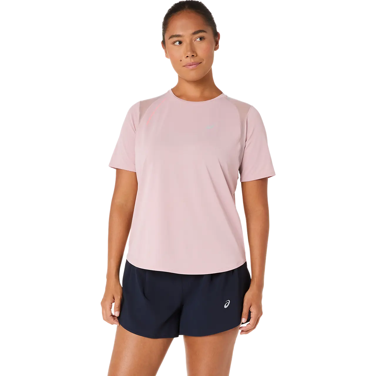 Asics Damenlaufshirt Road SS Top, leichtes atmungsaktives Laufshirt für Damen, sportliches Design, weiß mit blauen Akzenten