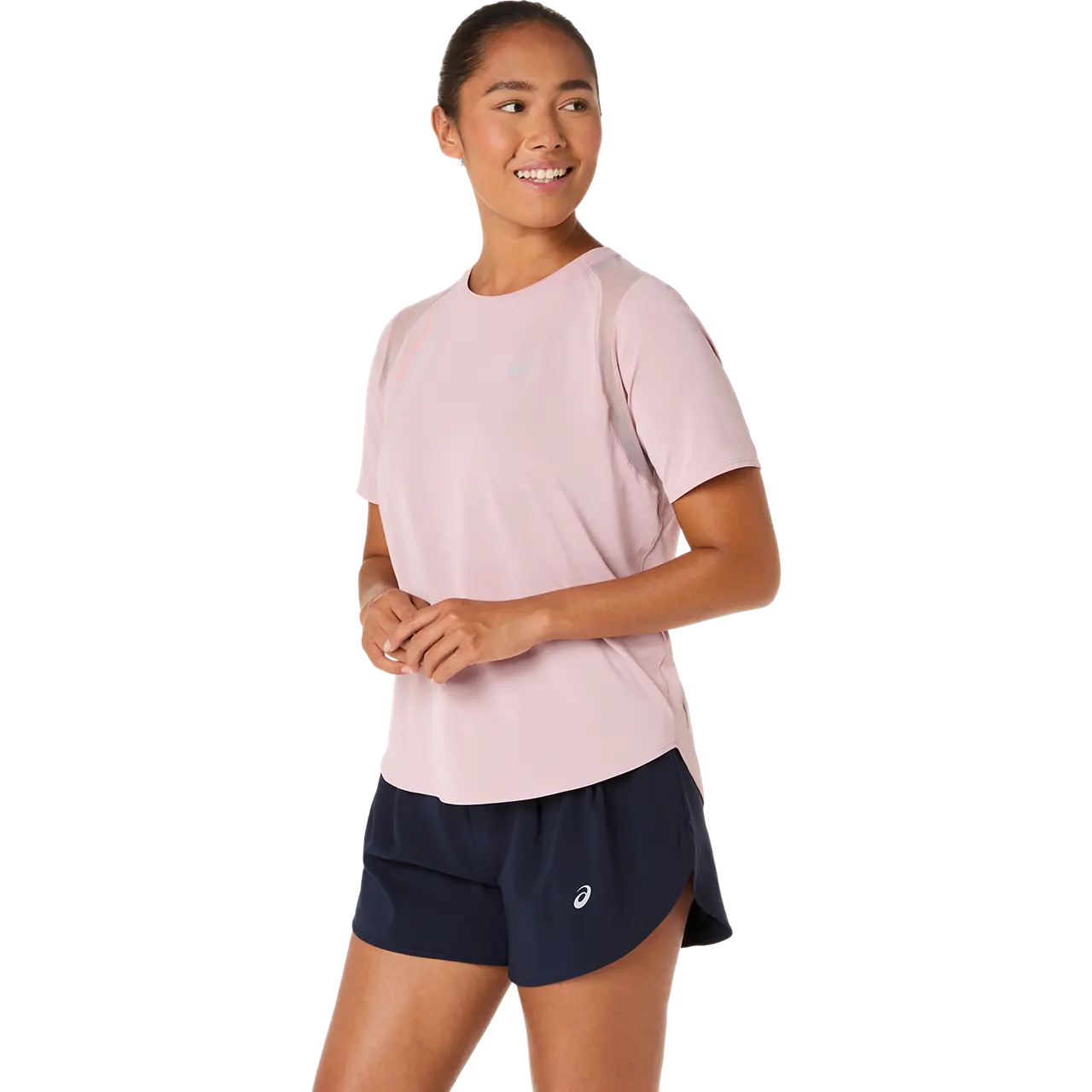 Asics Damenlaufshirt Road SS Top aus atmungsaktivem Stoff, leichtes sportliches Damen-Laufshirt in Blau, seitliche Reflektorstreifen