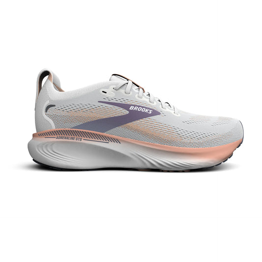 Brooks Damenlaufschuhe Adrenaline GTS 25 Oyster Mushroom/Peach/Grape, Stabilitätsschuh mit GuideRails Support – Coral / 36,5