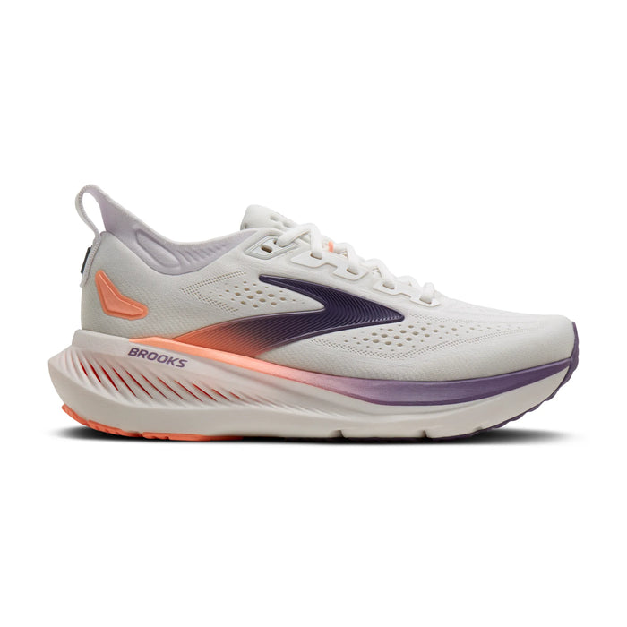 Brooks Damenlaufschuhe Glycerin 23 White/Mulled Grape/Clear, komfortabler Laufschuh für weiche Landungen