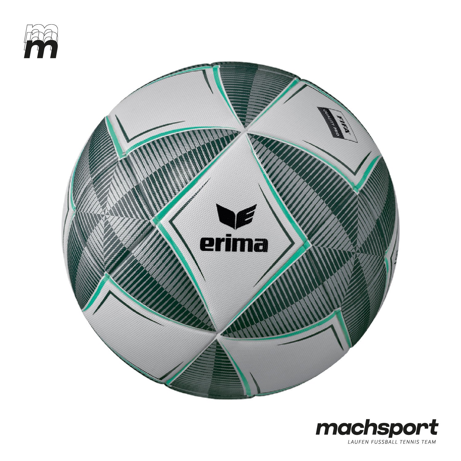 Erima Fußball Senzor-Star Pro, Größe 5, liegt auf einem Spielfeld, zeigt das glatte, schwarze Design mit weißem Erima-Logo. – Bild 