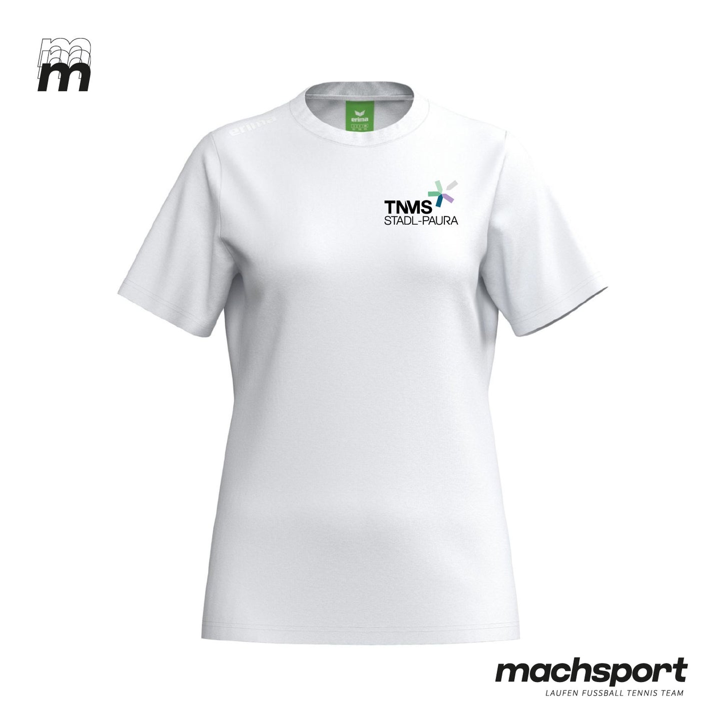 Damen-T-Shirt von Erima, TNMS Stadl-Paura Basic, Teamsport, bequemes, blaues T-Shirt mit Logo, auf weißem Hintergrund.