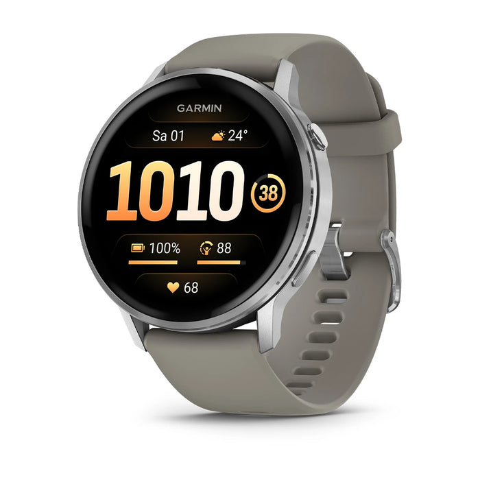 Garmin Venu® 4 - 45 mm Schwarz/Silber mit Schnellwechsel-Silikon-Armband 22 mm Grau