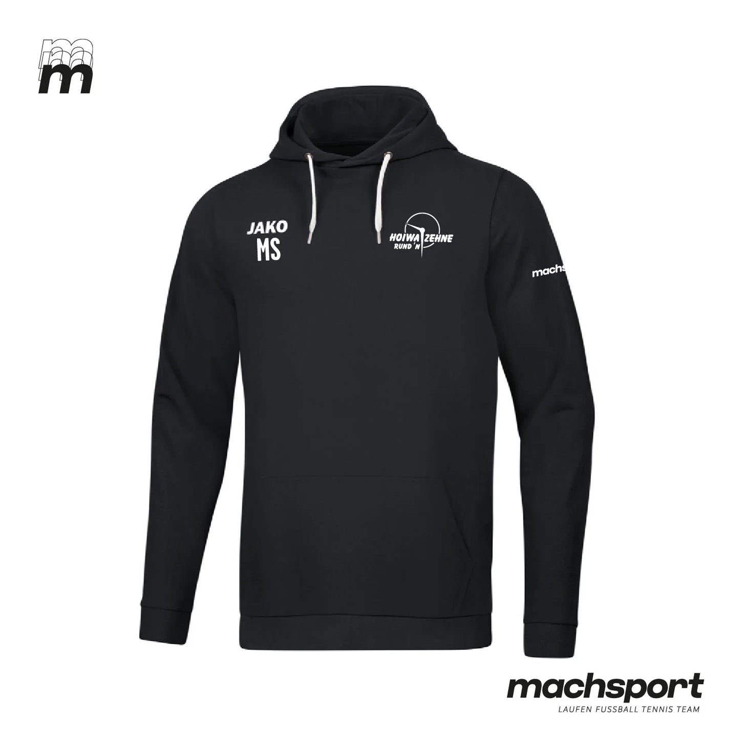 Jako Hoiwa Zehne Rund'n Basic Hoodie, Teamsport Kapuzenpullover in schwarzer Farbe mit Logo-Designs, sportliche Casual-Bekleidung