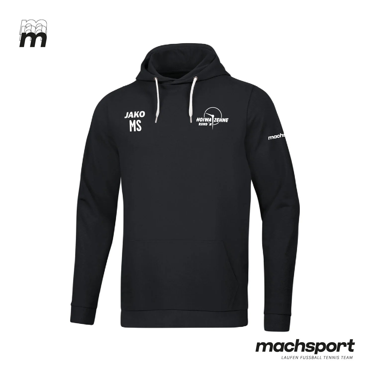 Jako Hoiwa Zehne Rund'n Basic Hoodie, Teamsport Kapuzenpullover in schwarzer Farbe mit Logo-Designs, sportliche Casual-Bekleidung – Bild 