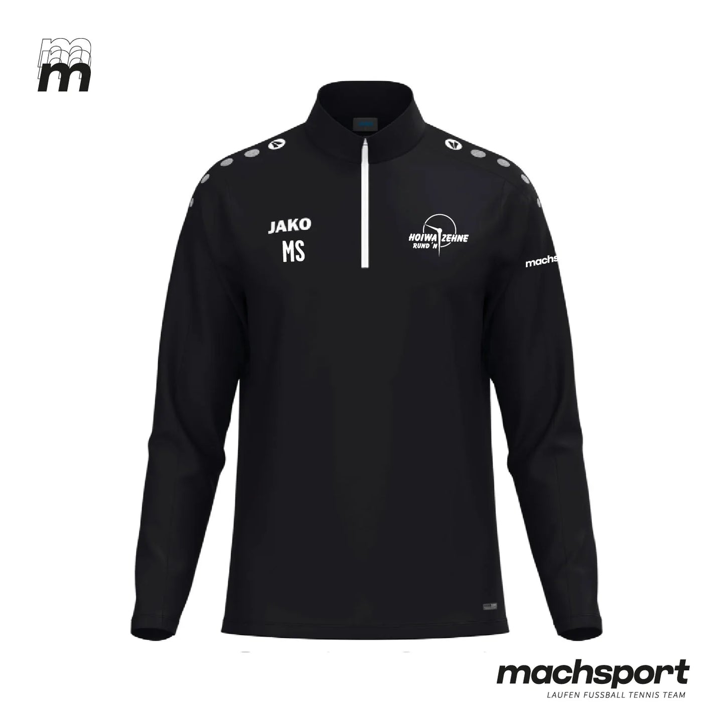 Jako Hoiwa Zehne Rund'n Ziptop Teamsport, schwarzes Sportshirt mit Reißverschluss und Logo-Details, bequem und funktional.
