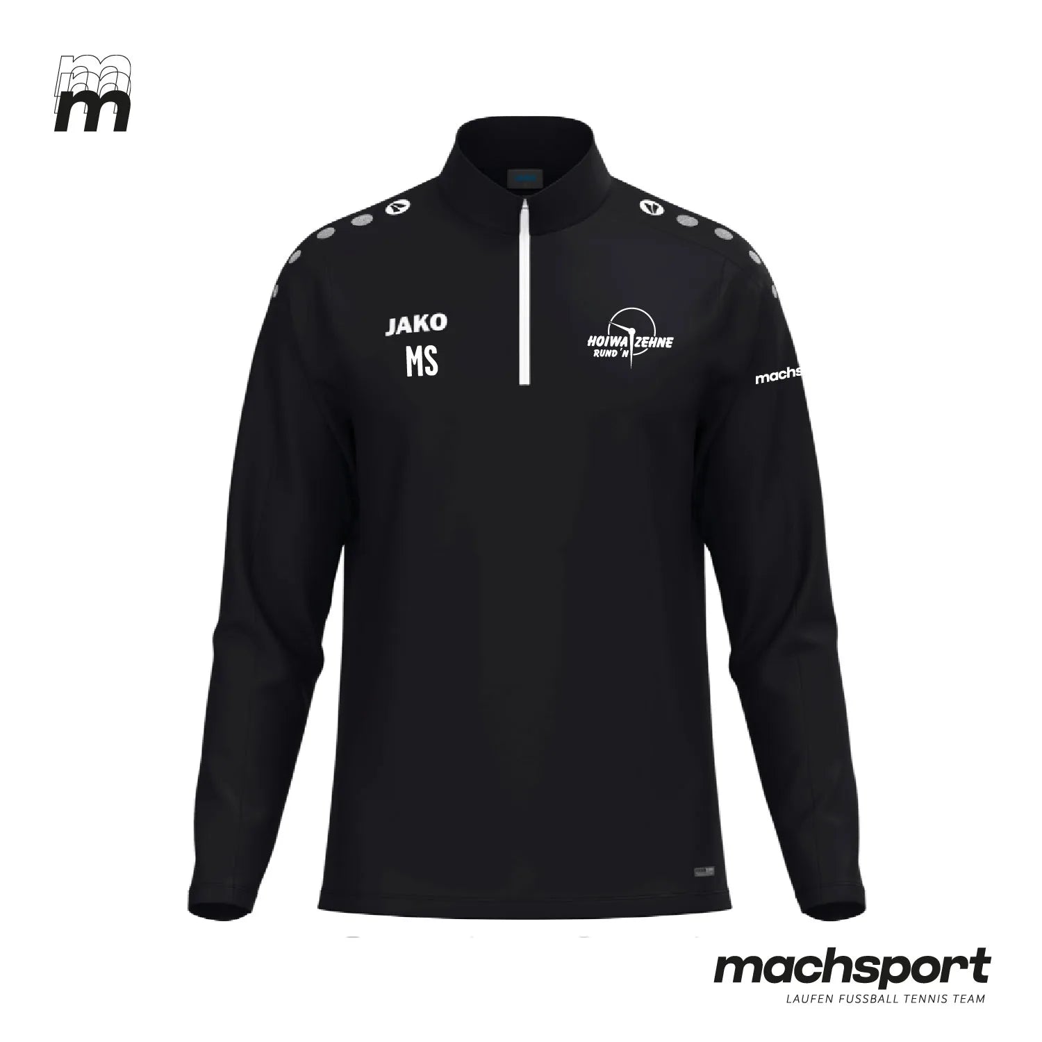 Jako Hoiwa Zehne Rund'n Ziptop Teamsport, schwarzes Sportshirt mit Reißverschluss und Logo-Details, bequem und funktional. – Bild 