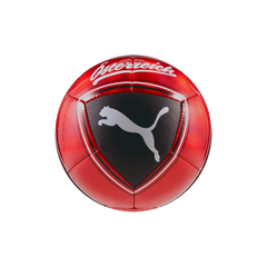 Rückansicht des Puma ÖFB Culture Ball Mini, kleiner Fußball mit rotem Design und Puma-Logo auf schwarzem Hintergrund.
