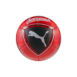Rückansicht des Puma ÖFB Culture Ball Mini, kleiner Fußball mit rotem Design und Puma-Logo auf schwarzem Hintergrund.