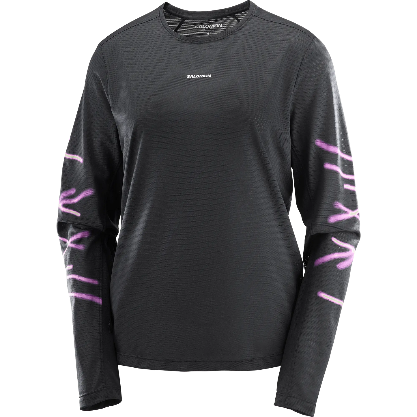 Salomon Damenlaufshirt Shakeout Core SS Tee GFX, leichtes Running Shirt mit atmungsaktivem Knit Flow Material und Grafikdesign, deep black - machsport