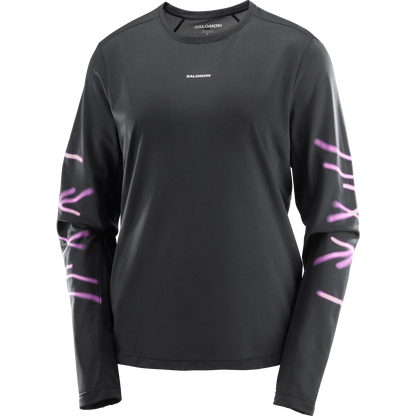 Salomon Damenlaufshirt Shakeout Core SS Tee GFX, leichtes Running Shirt mit atmungsaktivem Knit Flow Material und Grafikdesign, deep black - machsport
