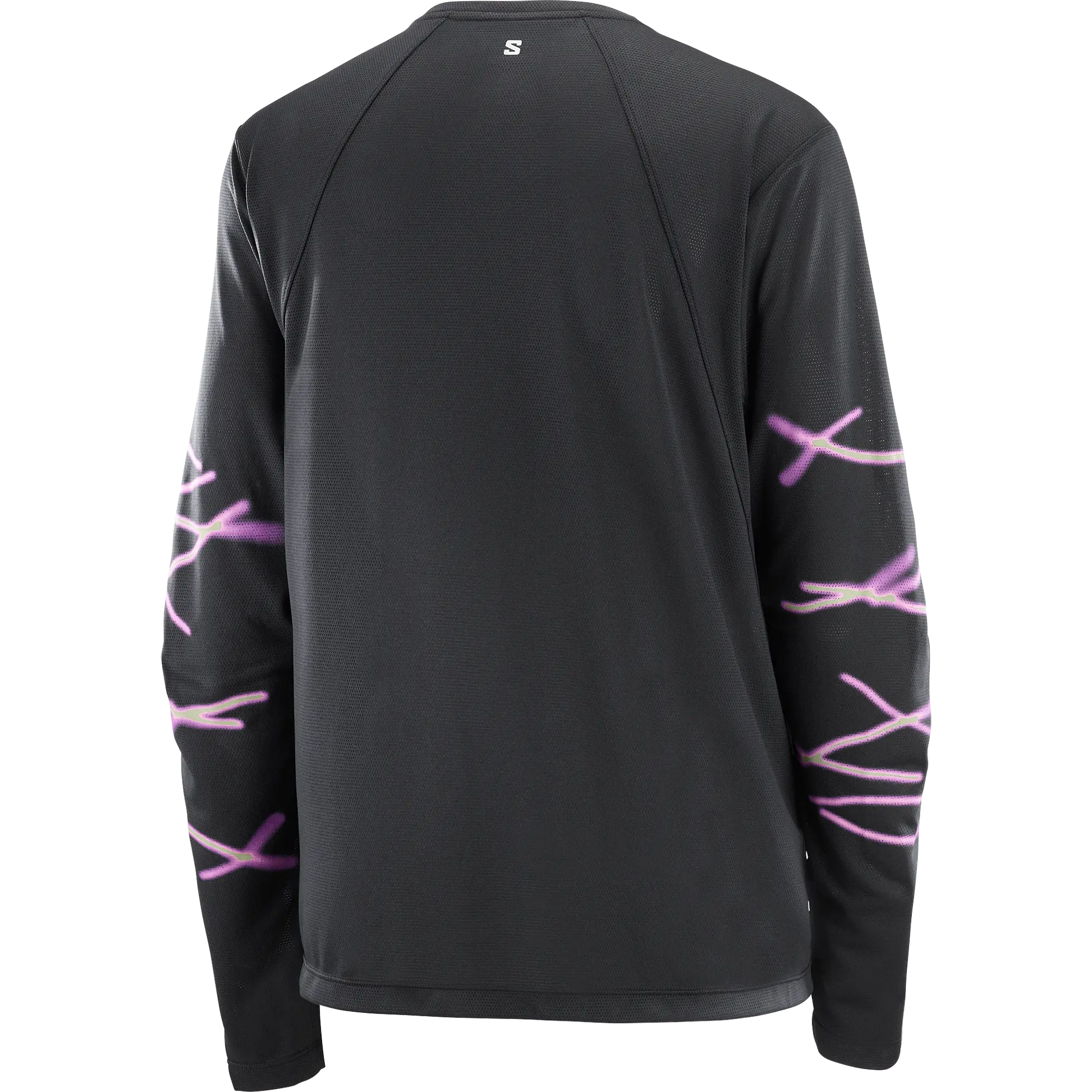 Salomon Damenlaufshirt Shakeout Core SS Tee GFX, leichtes Running Shirt mit atmungsaktivem Knit Flow Material und Grafikdesign, deep black - machsport – Bild 