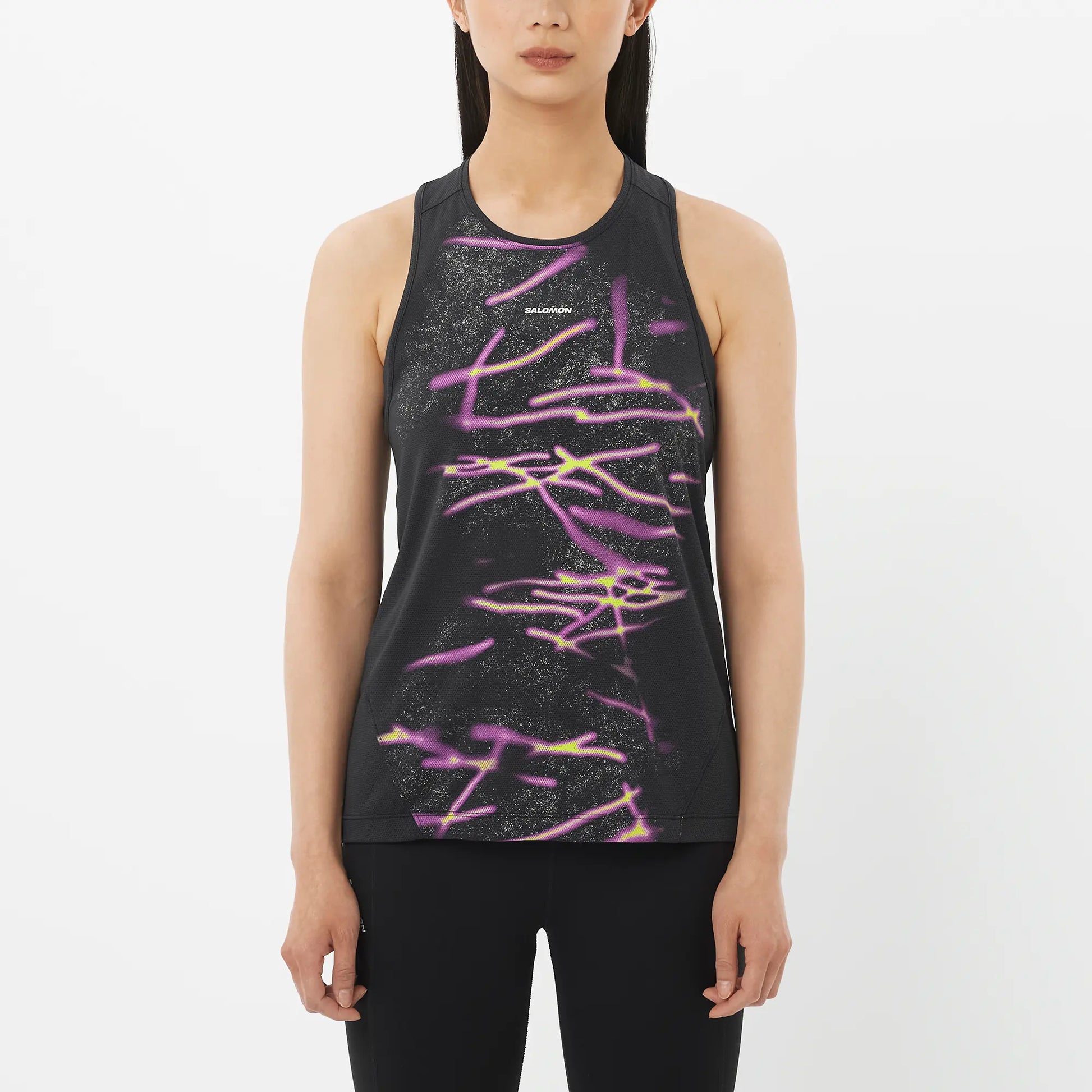 Salomon Shirt Shakeout Core Tank GFX, ärmelloses Running Tanktop für warme Temperaturen mit atmungsaktivem Komfort, deep black - machsport – Bild 